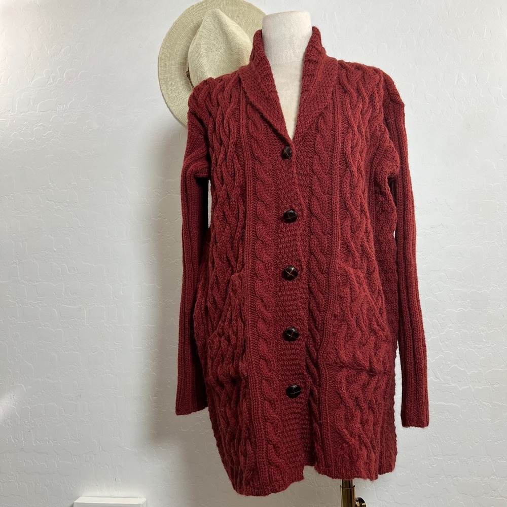 Aran crafts Burgundy cable knit Wool Alpaca cardigan 50th Anniv Edition size XS